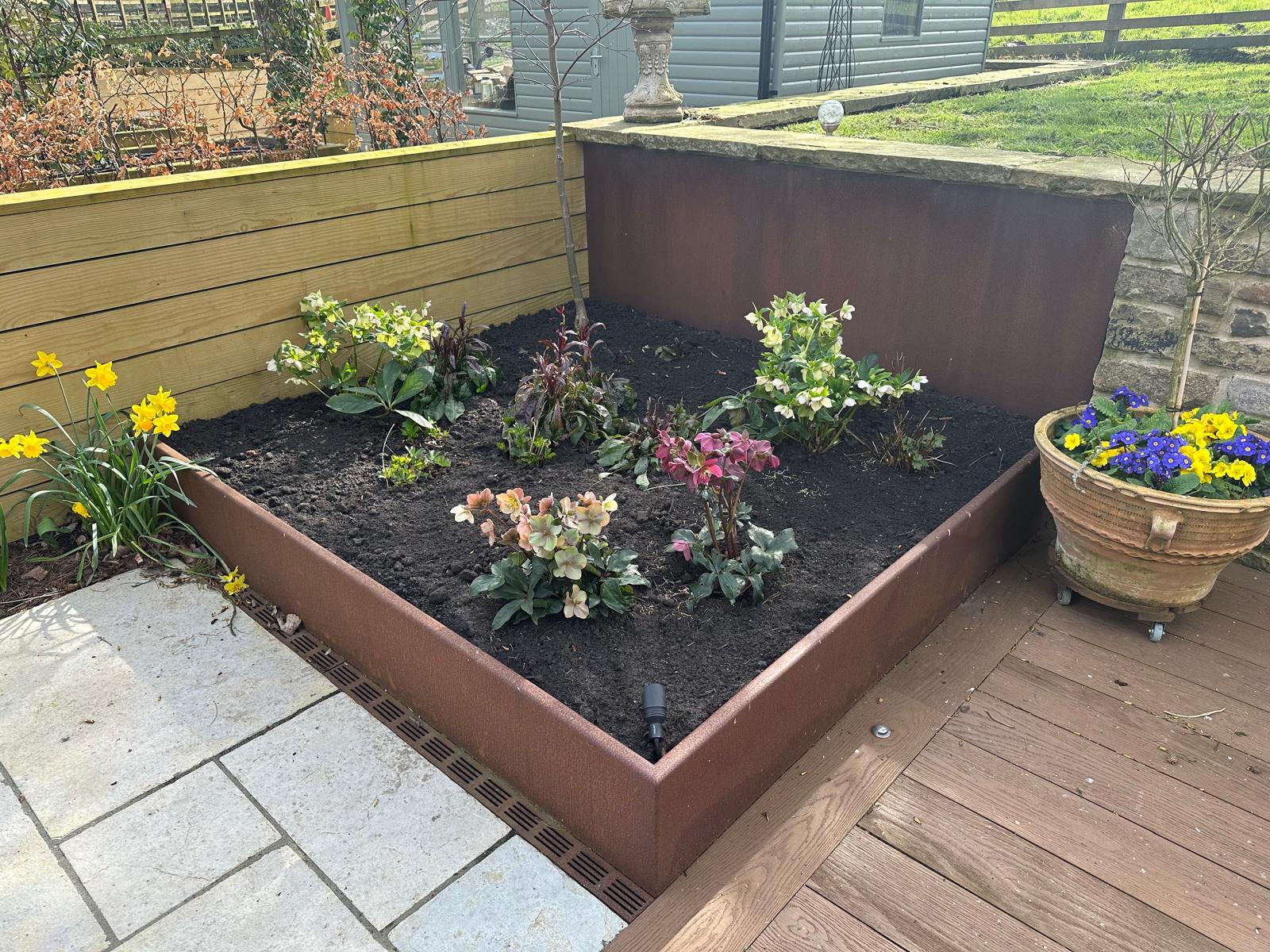 Cor-Ten Steel planter, metal garden art and decorative fabrication