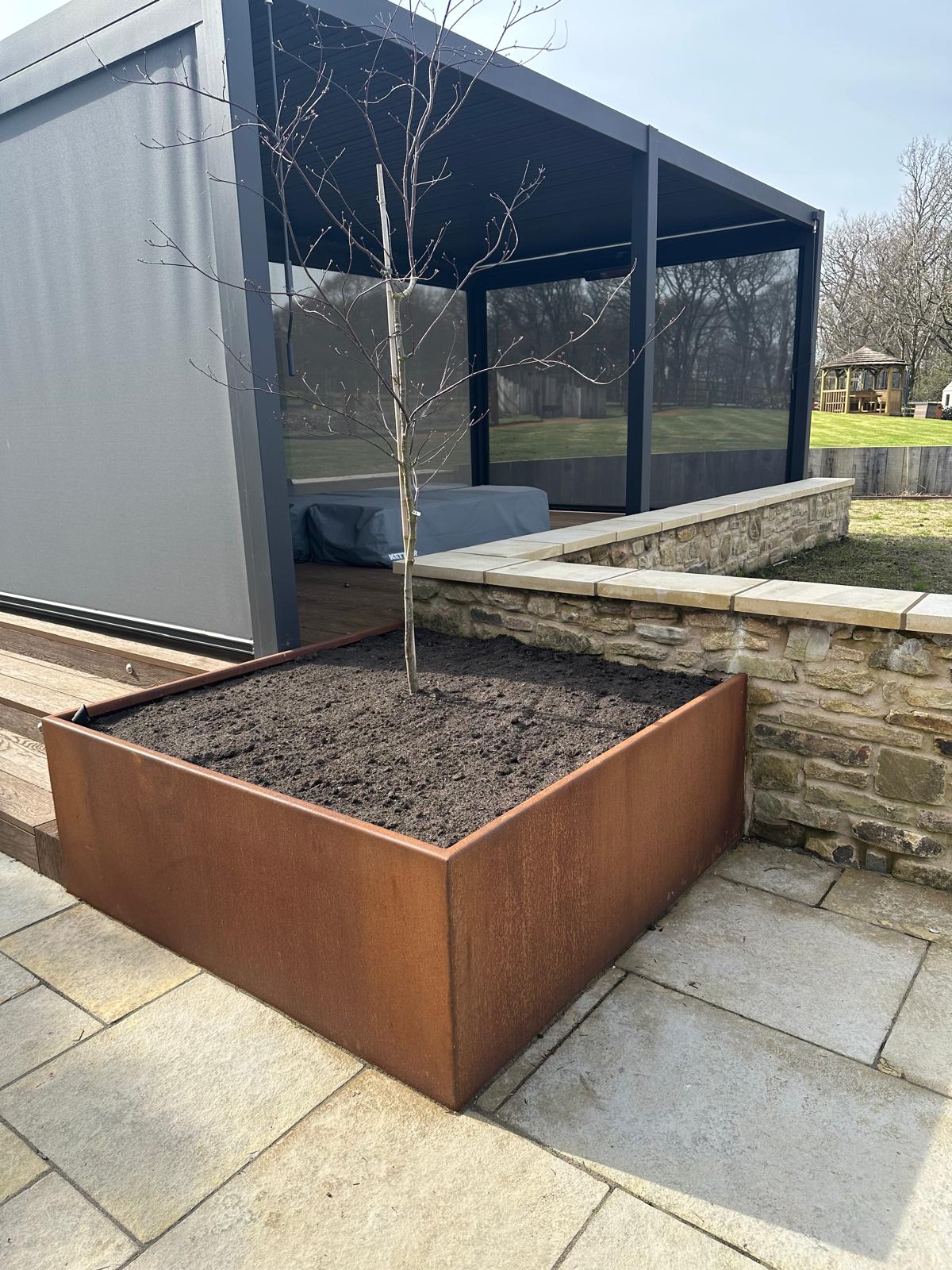 Cor-Ten Steel planter, metal garden art and decorative fabrication