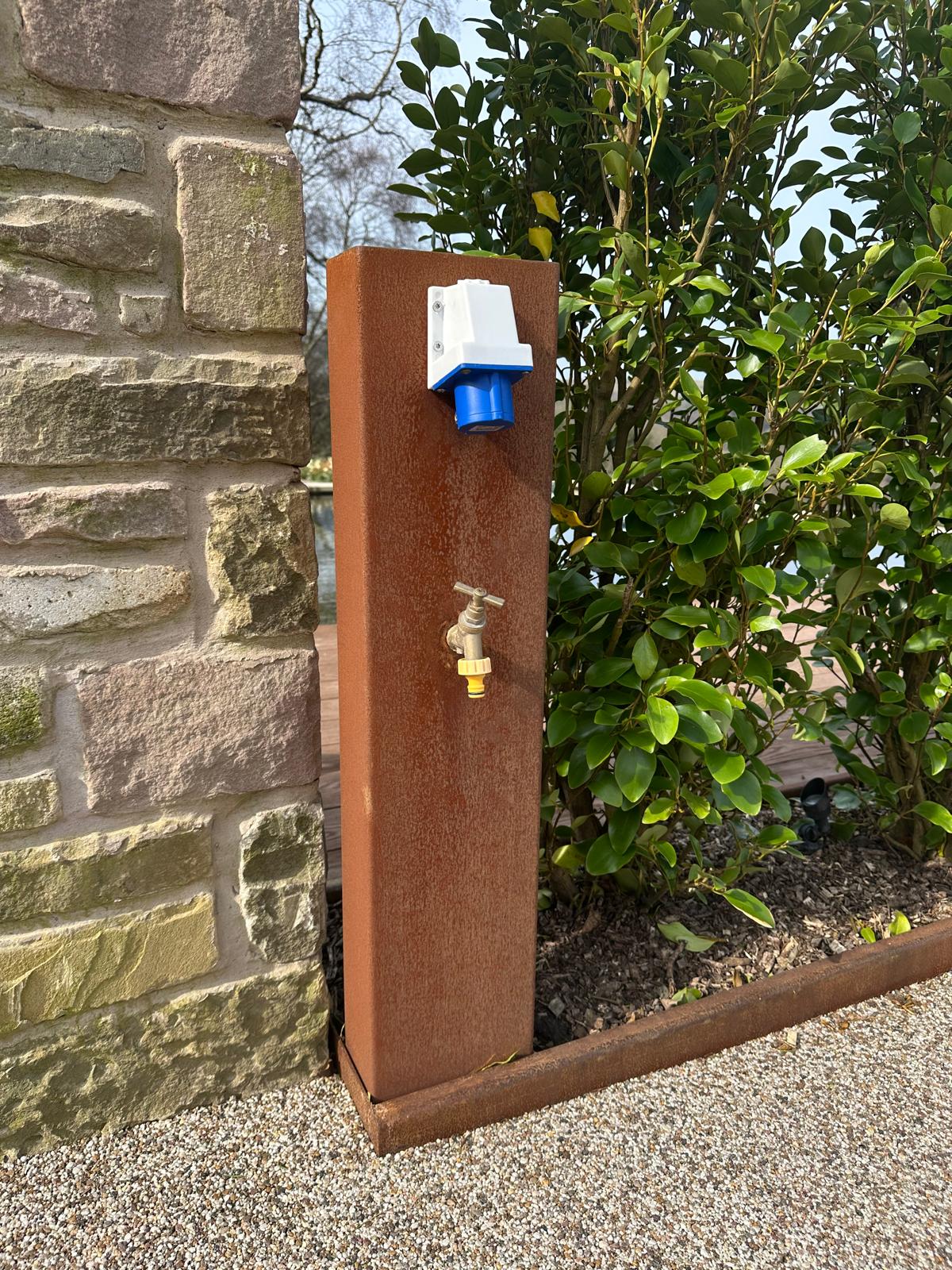 Cor-Ten Steel water and power hookup, metal garden art and decorative fabrication