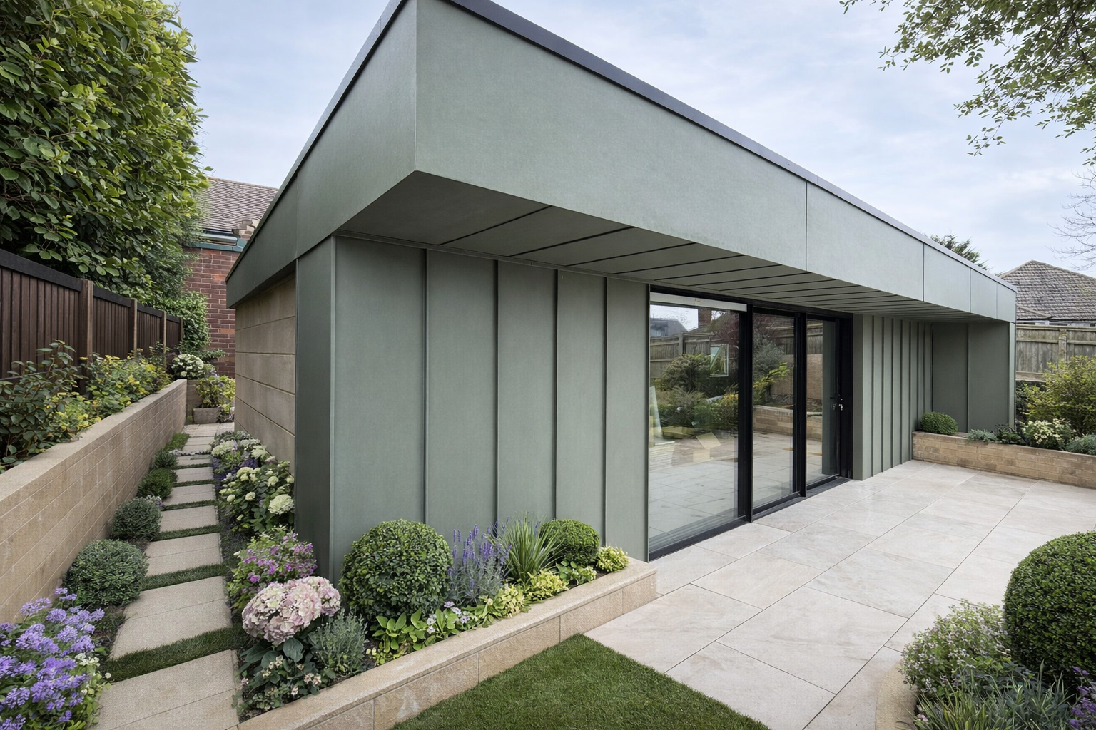 Standing Cladding Seam Garden Room in Traditional Textures Green Zinc Patina