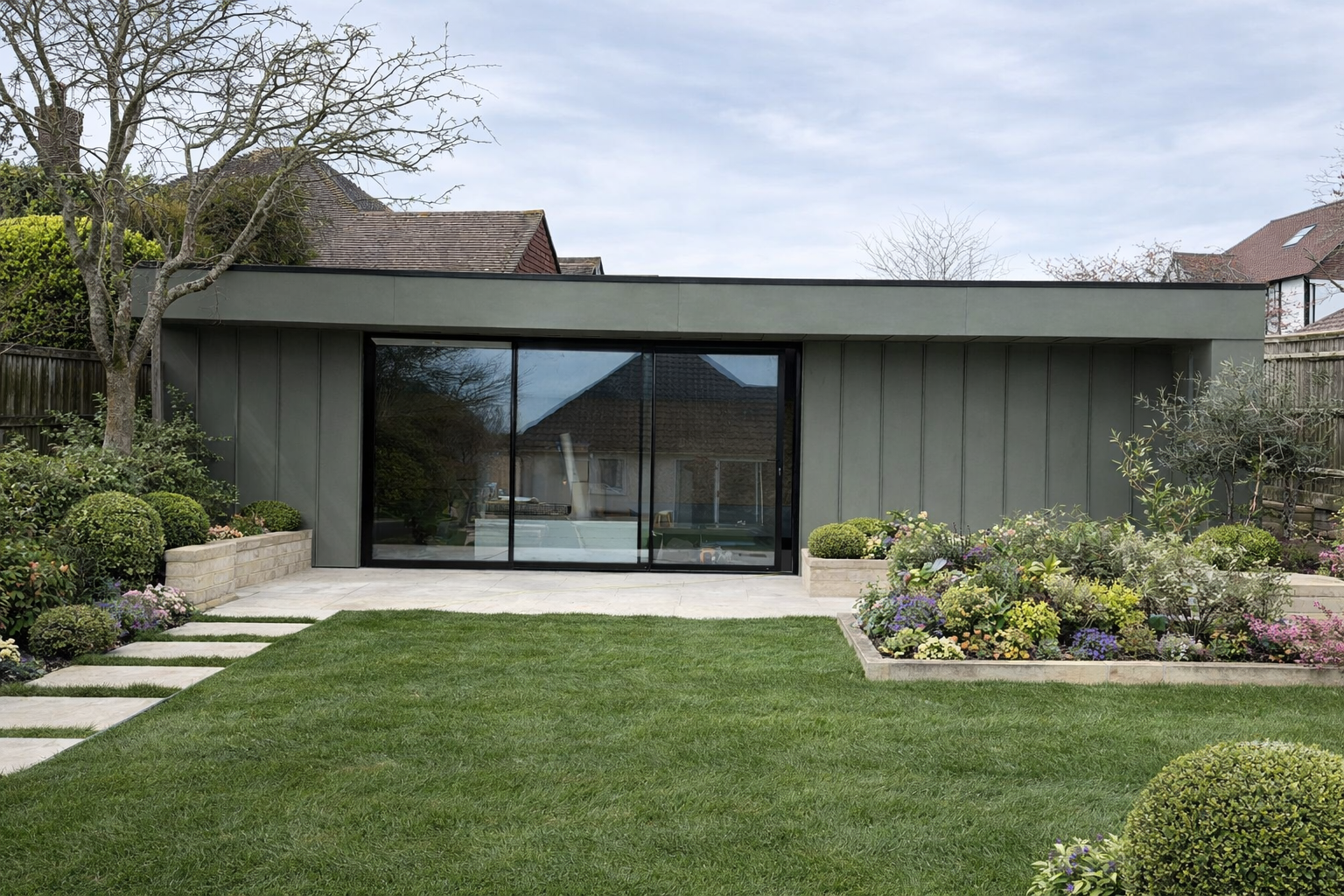 Standing Cladding Seam Garden Room in Traditional Textures Green Zinc Patina