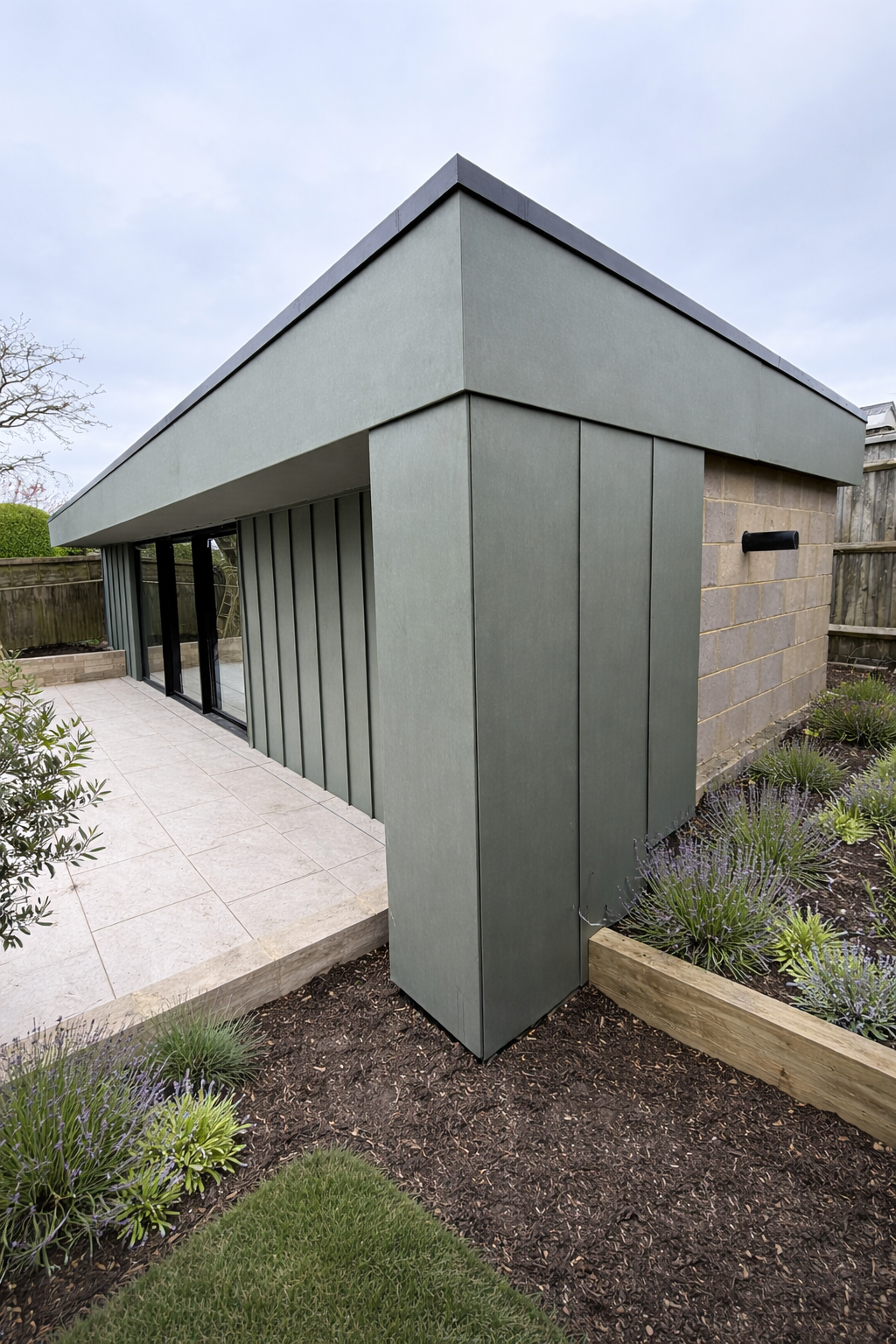 Standing Cladding Seam Garden Room in Traditional Textures Green Zinc Patina