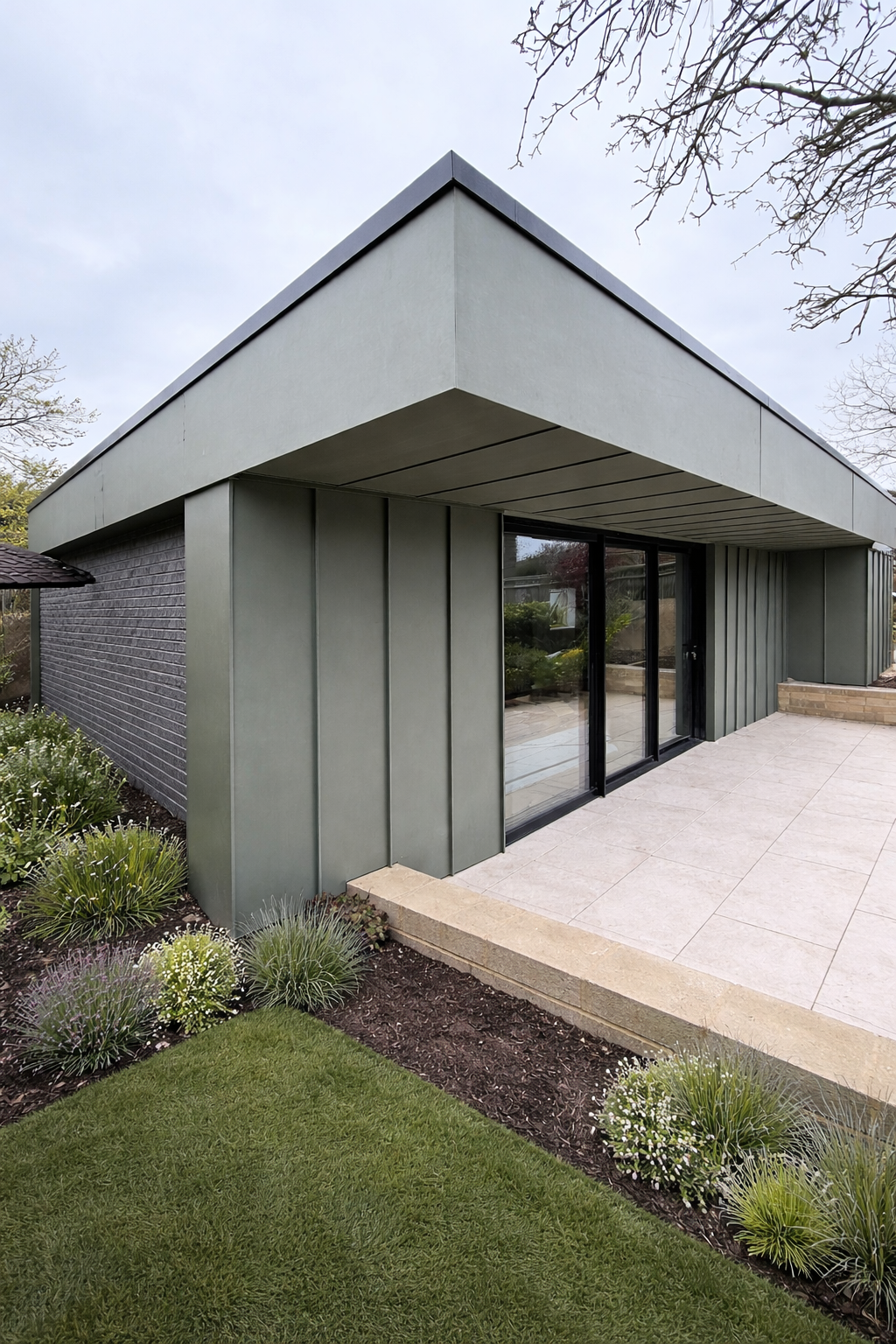 Standing Cladding Seam Garden Room in Traditional Textures Green Zinc Patina